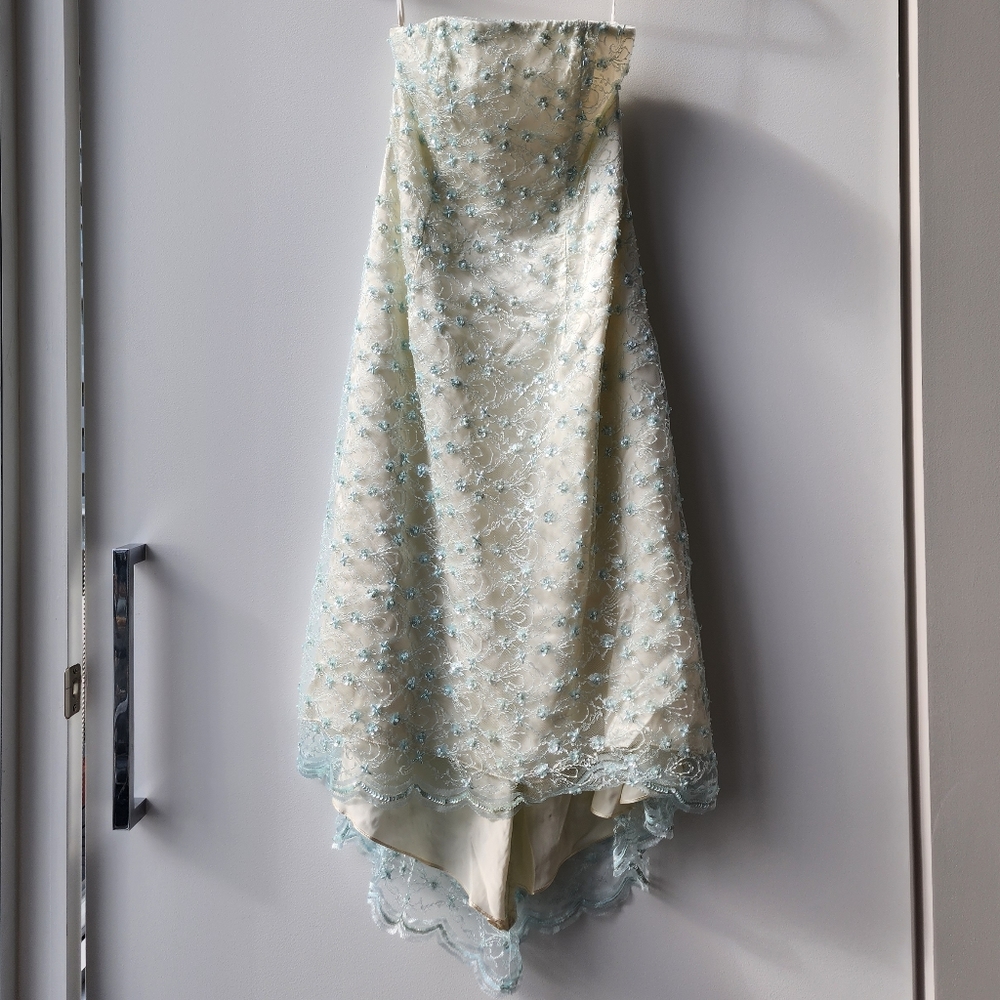 Handmade Beaded Lace Strapless Sequin Scalloped Hem Dress